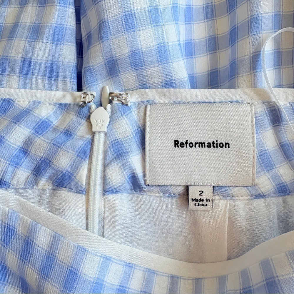 NEW Reformation Piper Mini Skirt Gingham Blue Crystal Check | US 2 UK 6 - Picture 8 of 9